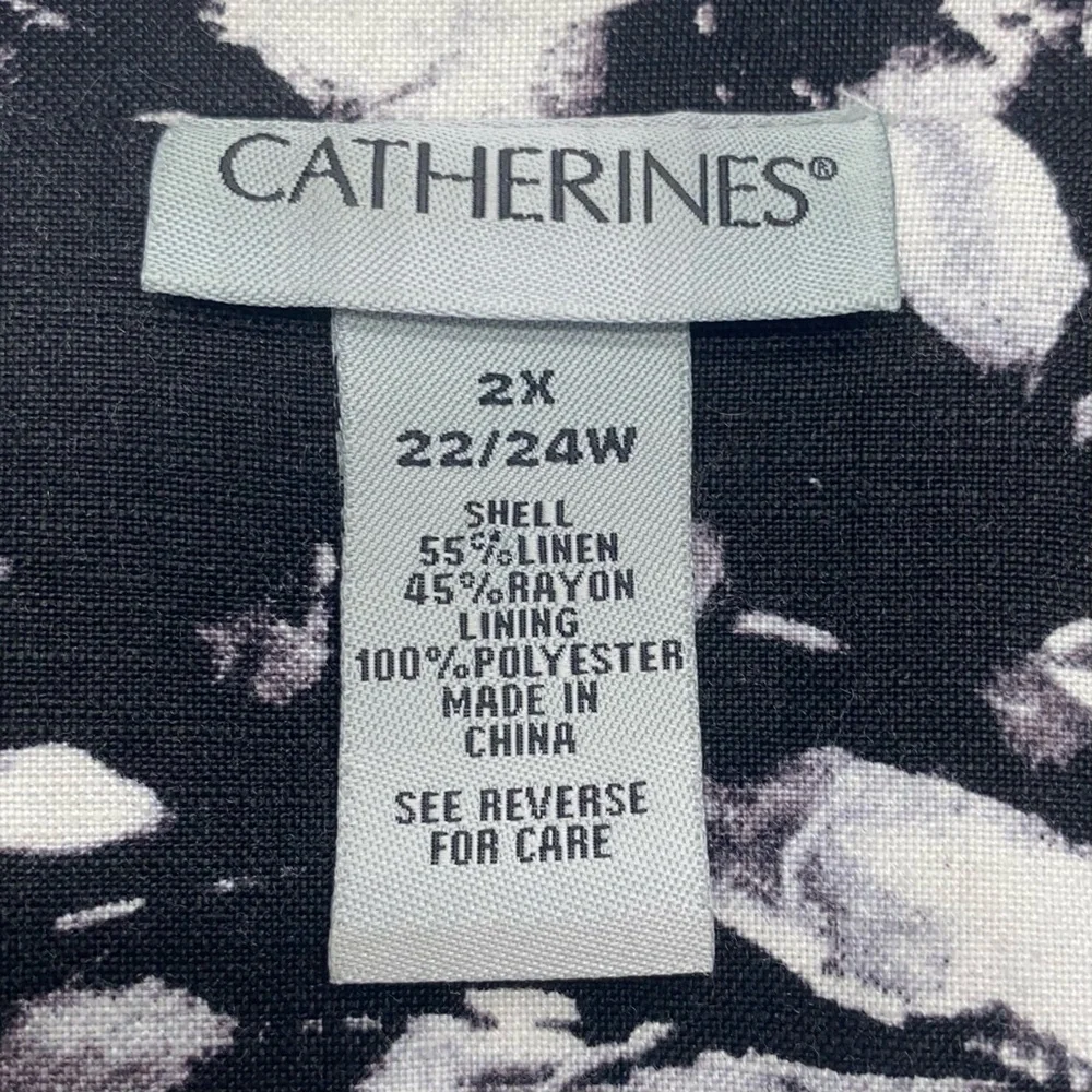 Catherines Monochrome Floral Open Jacket 2X 3/4 SL Pockets Black/White